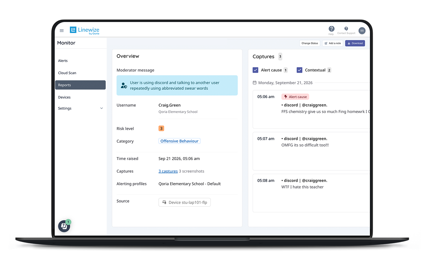 Linewize Monitor alert showing flagged Discord chat captures under the Offensive Behaviour risk category